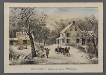 Hogar estadounidense en invierno, publicado por Currier & Ives, Nueva York, 1868-69